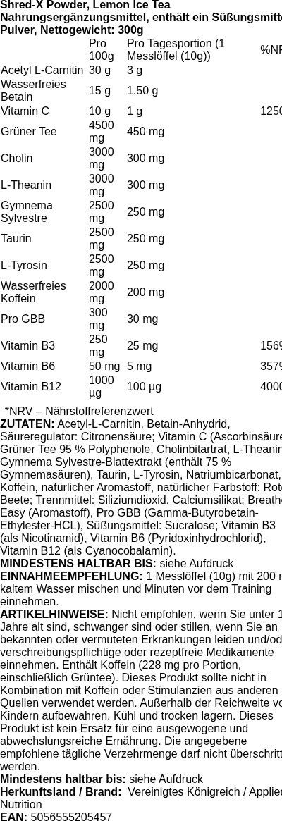 Produktetikett — Shred-X Powder, Lemon Ice Tea - 300 grams