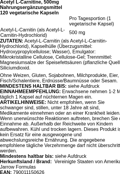 Produktetikett — Acetyl L-Carnitine, 500mg - 120 vcaps