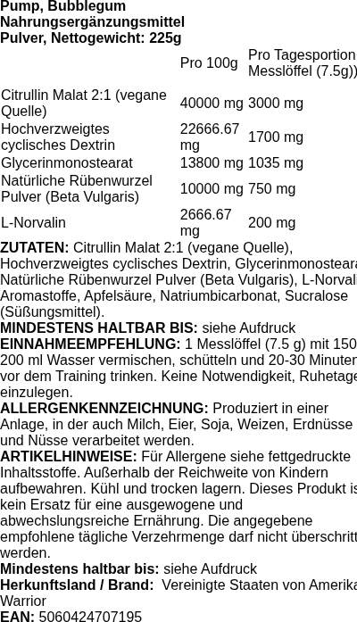 Produktetikett — Pump, Bubblegum - 225 grams