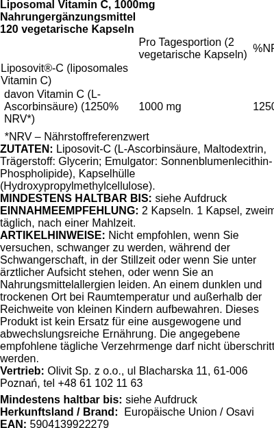 Produktetikett — Liposomal Vitamin C, 1000mg - 120 vcaps
