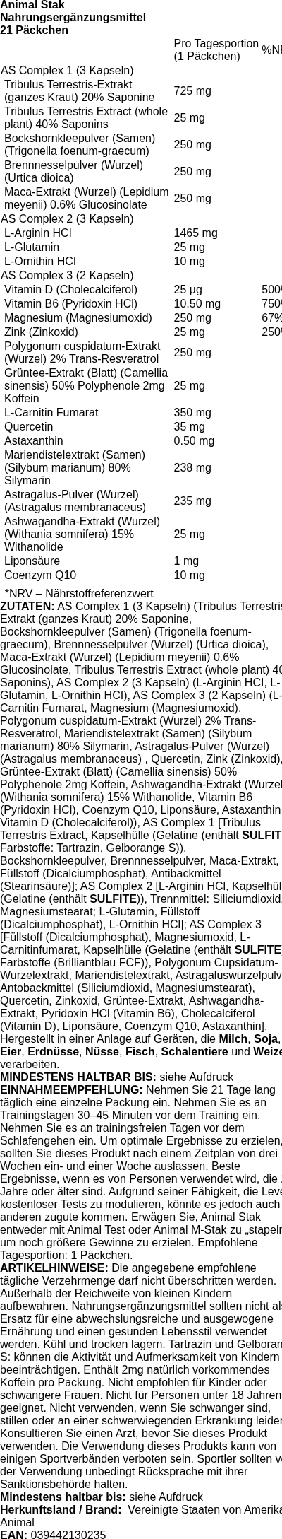 Produktetikett — Animal Stak - 21 packs
