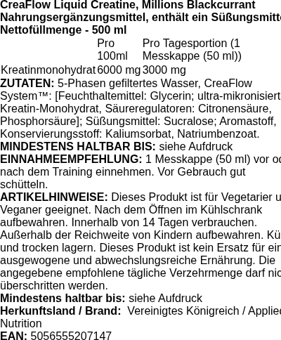 Produktetikett — CreaFlow Liquid Creatine, Millions Blackcurrant - 500 ml.