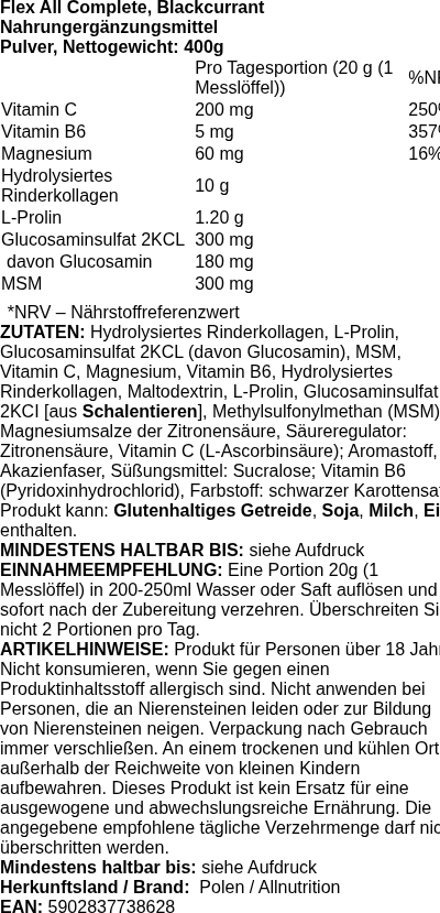 Produktetikett — Flex All Complete, Blackcurrant - 400 grams