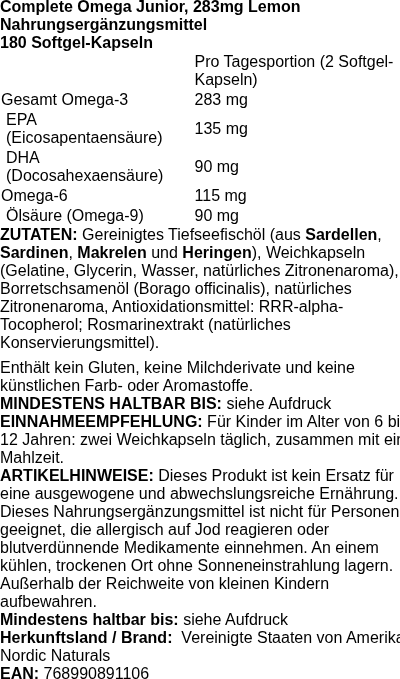 Produktetikett — Complete Omega Junior, 283mg Lemon (EAN 768990891106) - 180 mini softgels