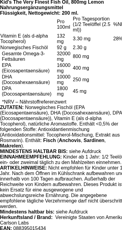 Produktetikett — Kid's The Very Finest Fish Oil, 800mg Lemon - 200 ml.