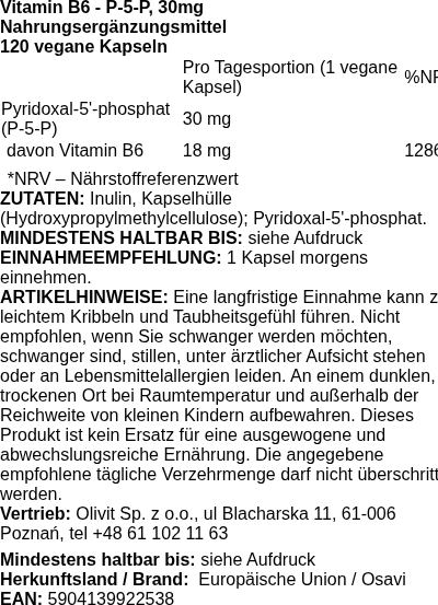 Produktetikett — Vitamin B6 - P-5-P, 30mg - 120 vegan caps
