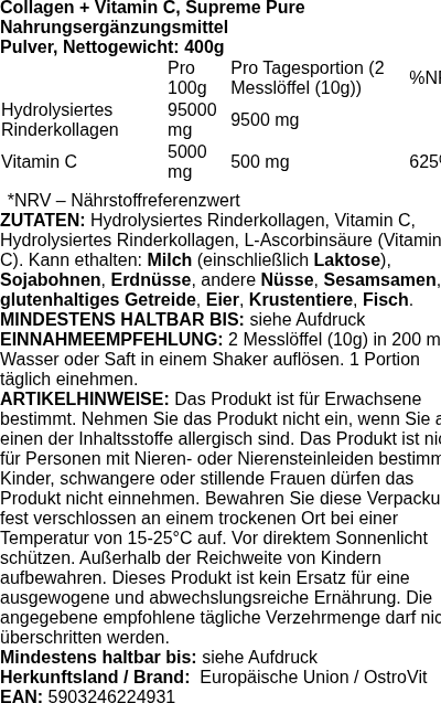 Produktetikett — Collagen + Vitamin C Supreme Pure - 400 grams