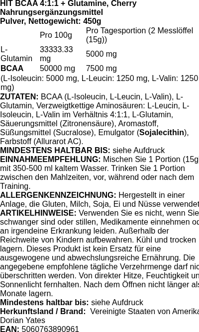 Produktetikett — HIT BCAA 4:1:1 + Glutamine, Cherry - 450 grams