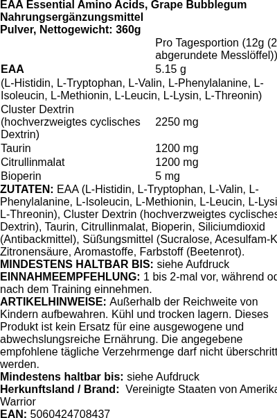Produktetikett — EAA Essential Amino Acids, Grape Bubblegum - 360 grams