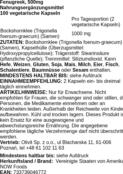 Produktetikett — Fenugreek, 500mg - 100 vcaps