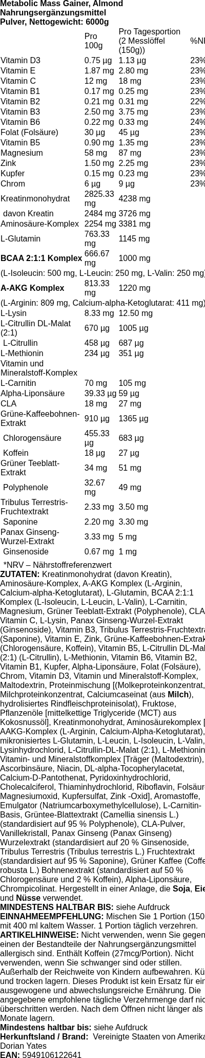Produktetikett — Metabolic Mass Gainer, Almond - 6000 grams