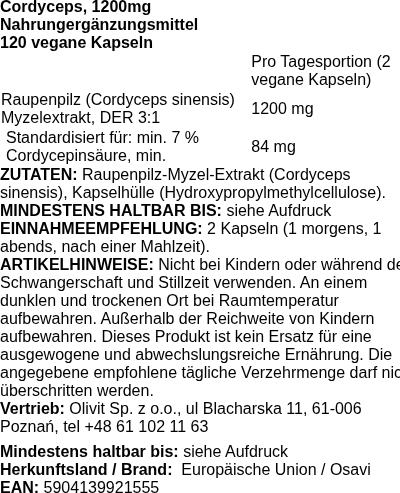 Produktetikett — Cordyceps, 1200mg - 120 vegan caps