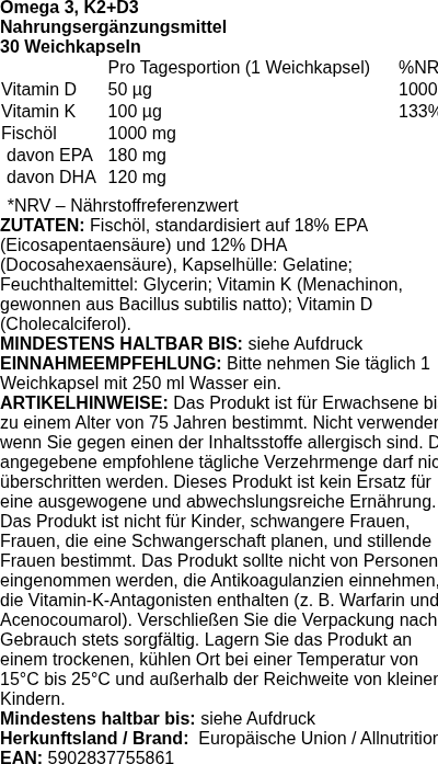 Produktetikett — Omega 3, K2+D3 - 30 softgels