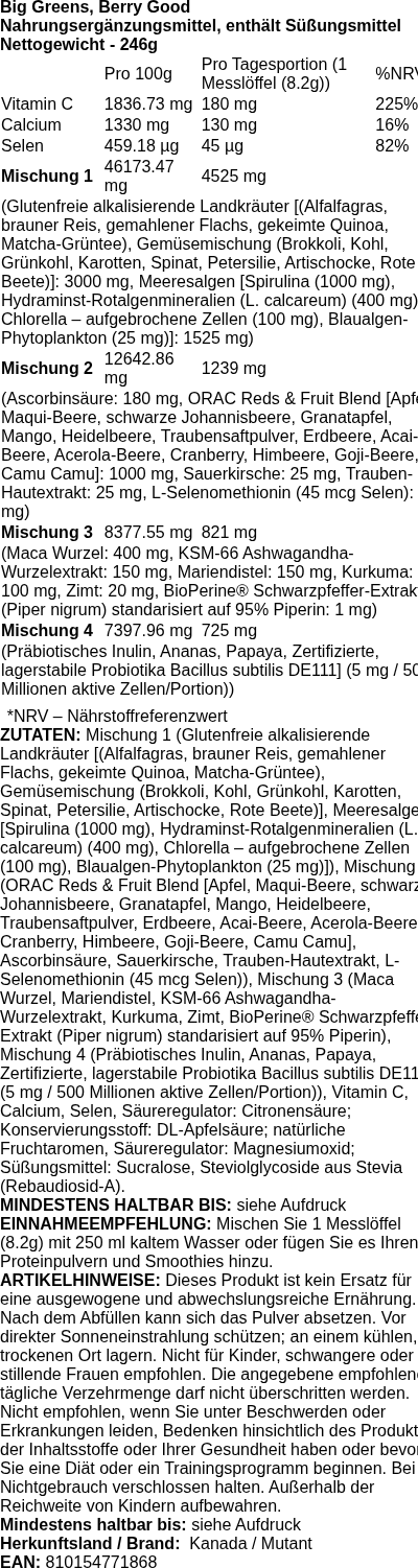 Produktetikett — Big Greens, Berry Good - 246 grams