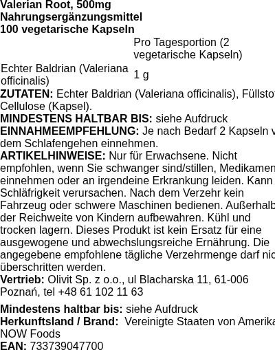Produktetikett — Valerian Root, 500mg - 100 vcaps
