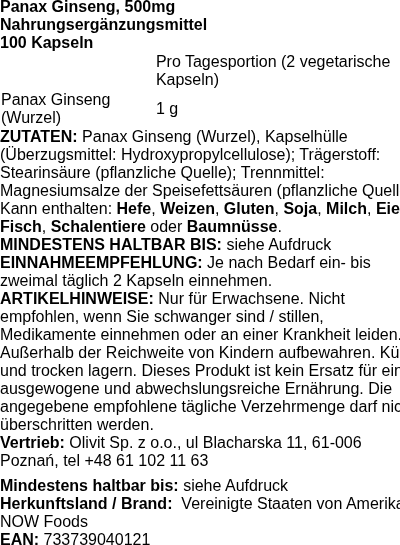 Produktetikett — Panax Ginseng, 500mg - 100 caps