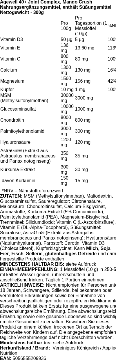 Produktetikett — Agewell 40+ Joint Complex, Mango Crush - 300 grams