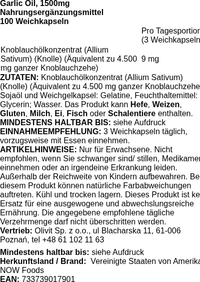 Produktetikett — Garlic Oil, 1500mg - 100 softgels