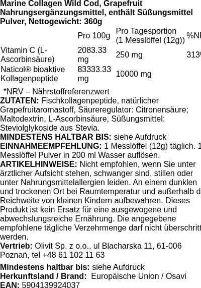 Produktetikett — Marine Collagen Wild Cod, Grapefruit - 360 grams