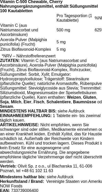 Produktetikett — Vitamin C-500 Chewable, Cherry - 100 tablets