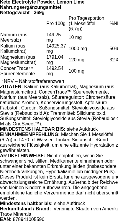 Produktetikett — Keto Electrolyte Powder, Lemon Lime - 369 grams