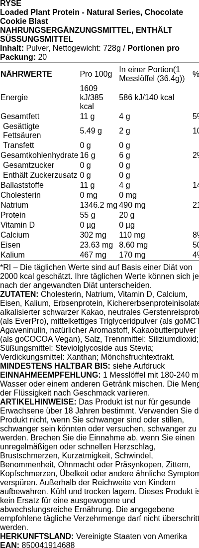 Produktetikett — Loaded Plant Protein - Natural Series, Chocolate Cookie Blast - 728 grams