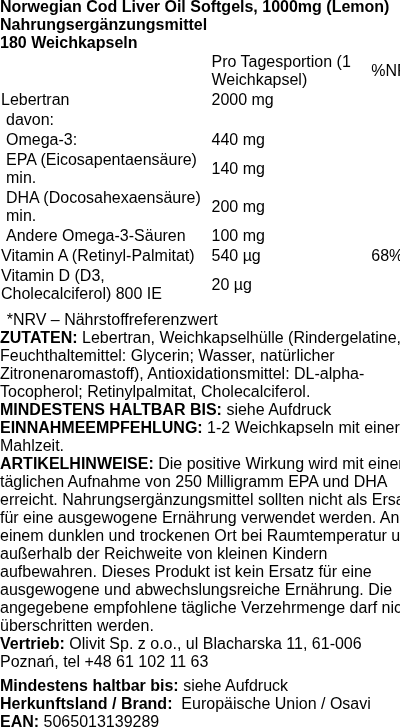 Produktetikett — Norwegian Cod Liver Oil Softgels, 1000mg (Lemon) - 180 softgels