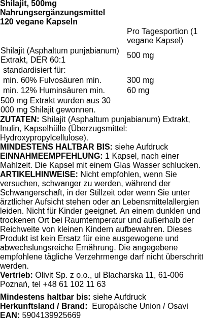Produktetikett — Shilajit, 500mg - 120 vegan caps
