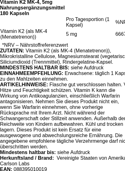 Produktetikett — Vitamin K2 MK-4, 5mg - 180 caps