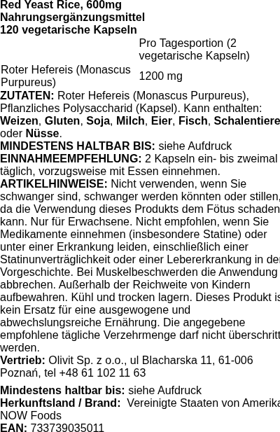 Produktetikett — Red Yeast Rice, 600mg - 120 vcaps