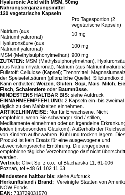 Produktetikett — Hyaluronic Acid with MSM, 50mg - 120 vcaps