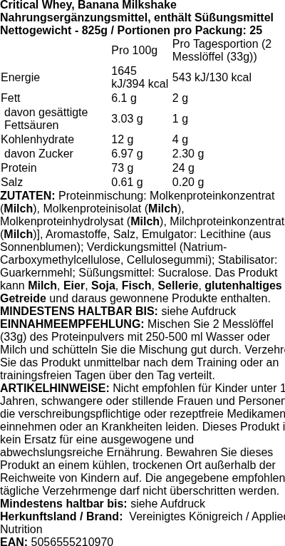 Produktetikett — Critical Whey, Banana Milkshake - 825 grams