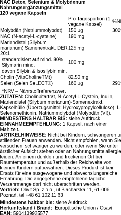 Produktetikett — NAC Detox, Selenium & Molybdenum - 120 vegan caps