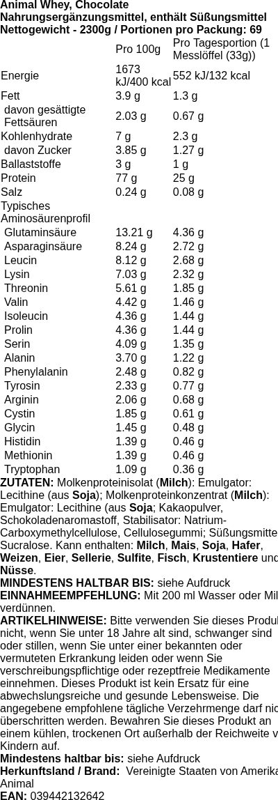 Produktetikett — Animal Whey, Chocolate - 2300 grams