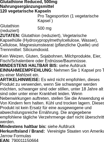 Produktetikett — Glutathione Reduced, 500mg - 120 vcaps
