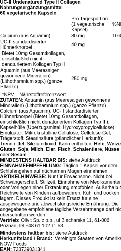 Produktetikett — UC-II Undenatured Type II Collagen - 60 caps