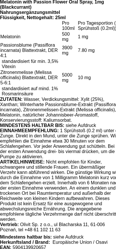 Produktetikett — Melatonin with Passion Flower Oral Spray, 1mg (Blackcurrant) - 25 ml.