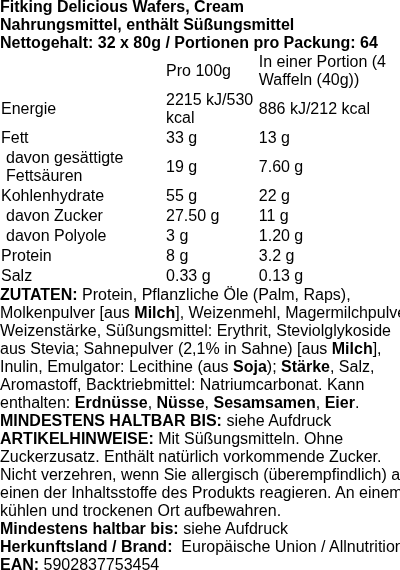 Produktetikett — Fitking Delicious Wafers, Cocoa - 32 x 80g