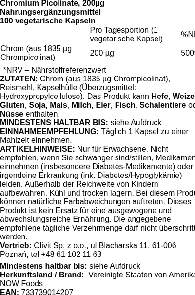 Produktetikett — Chromium Picolinate, 200mcg - 100 vcaps
