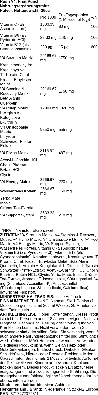 Produktetikett — Rush V4, Fruit Punch - 360 grams