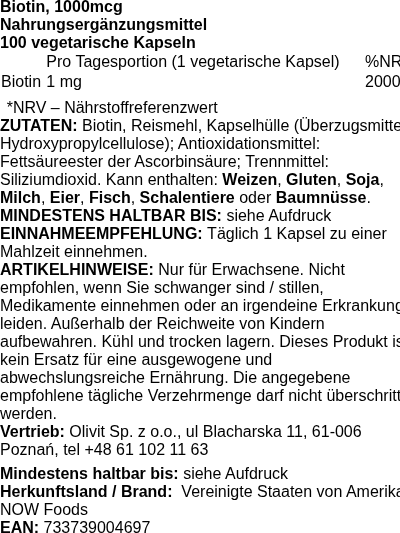 Produktetikett — Biotin, 1000mcg - 100 vcaps