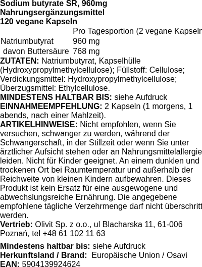 Produktetikett — Sodium butyrate SR, 960mg - 120 vegan caps