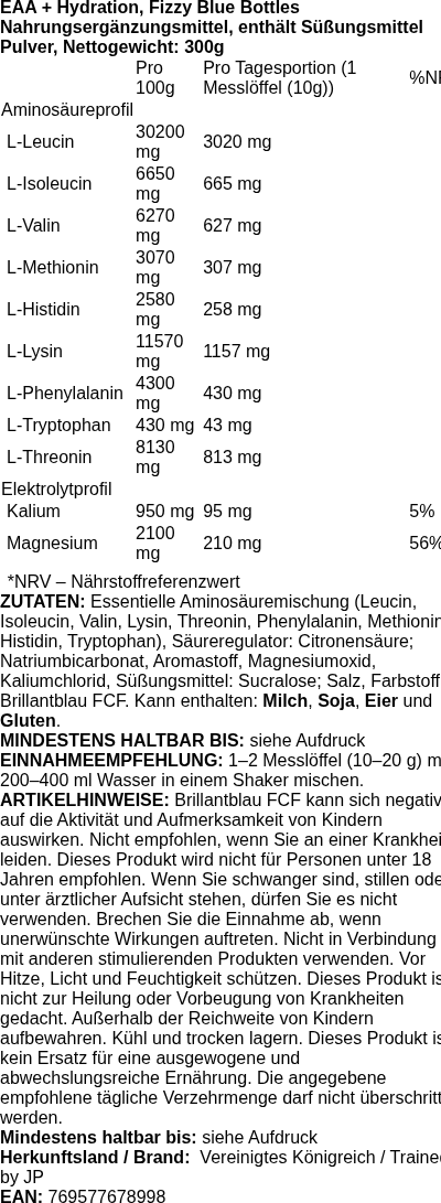 Produktetikett — EAA + Hydration, Fizzy Blue Bottles - 300 grams