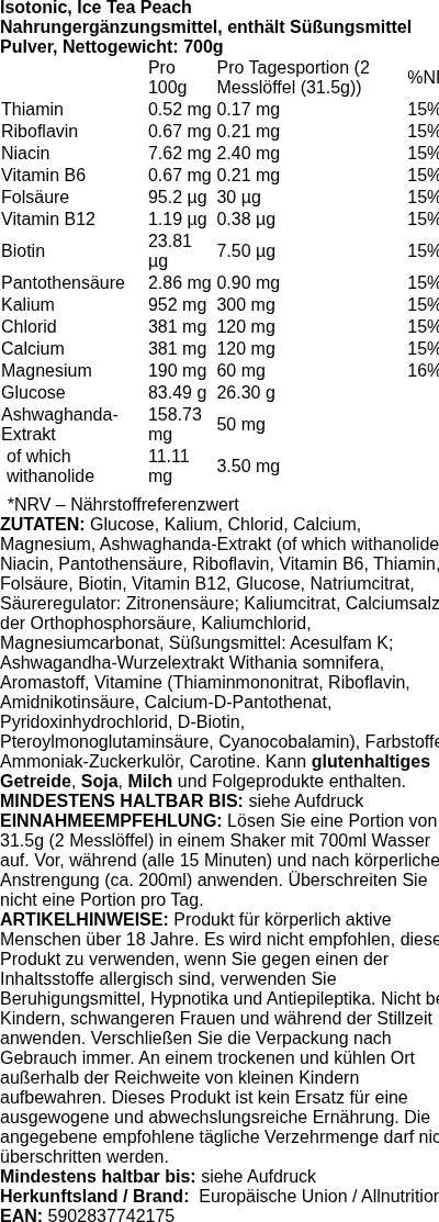 Produktetikett — Isotonic, Ice Tea Peach - 700 grams