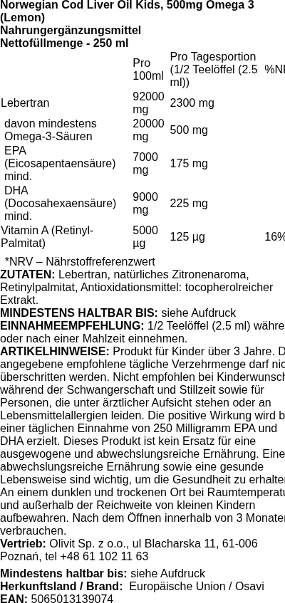 Produktetikett — Norwegian Cod Liver Oil Kids, 500mg Omega 3 (Lemon) - 250 ml.