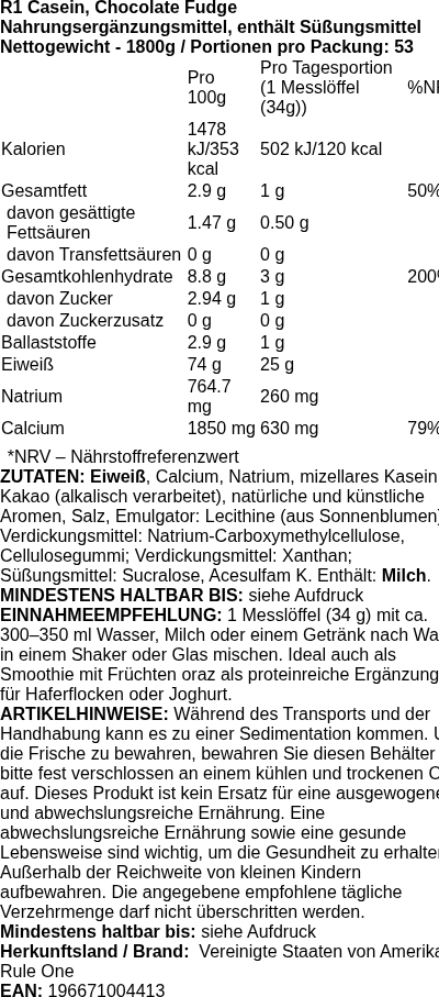 Produktetikett — R1 Casein, Chocolate Fudge - 1800 grams