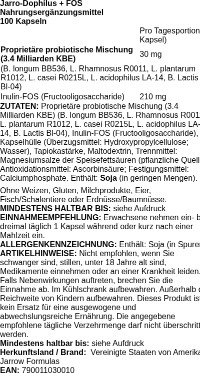 Produktetikett — Jarro-Dophilus + FOS - 100 vcaps
