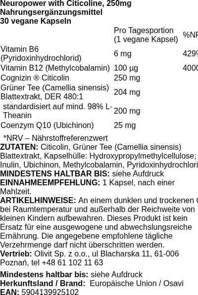 Produktetikett — Neuropower with Citicoline, 250mg - 30 vegan caps