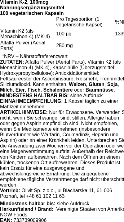 Produktetikett — Vitamin K-2, 100mcg - 100 vcaps