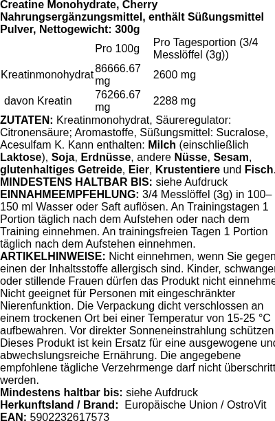 Produktetikett — Creatine Monohydrate, Cherry - 300 grams